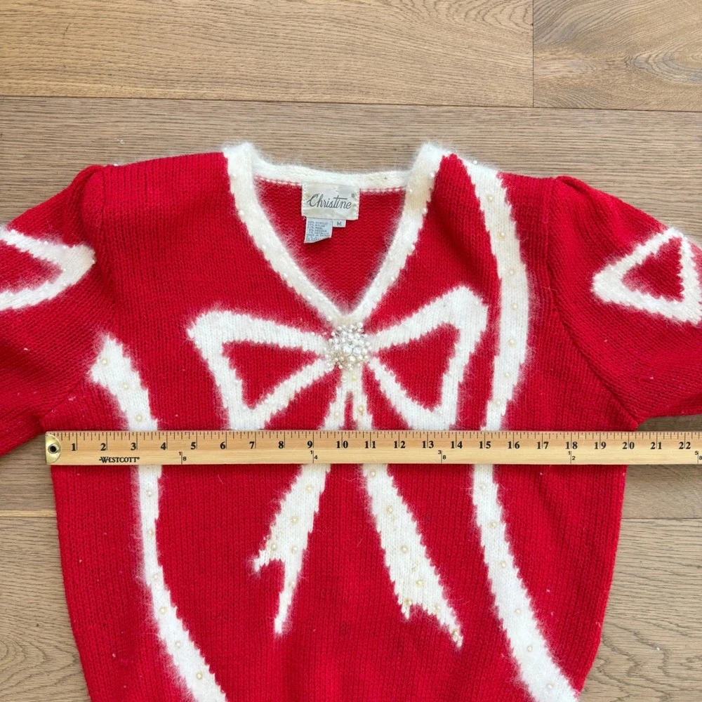 Vintage Christine Red Bow Sweater Angora Pearl Embellished Holiday Christmas M